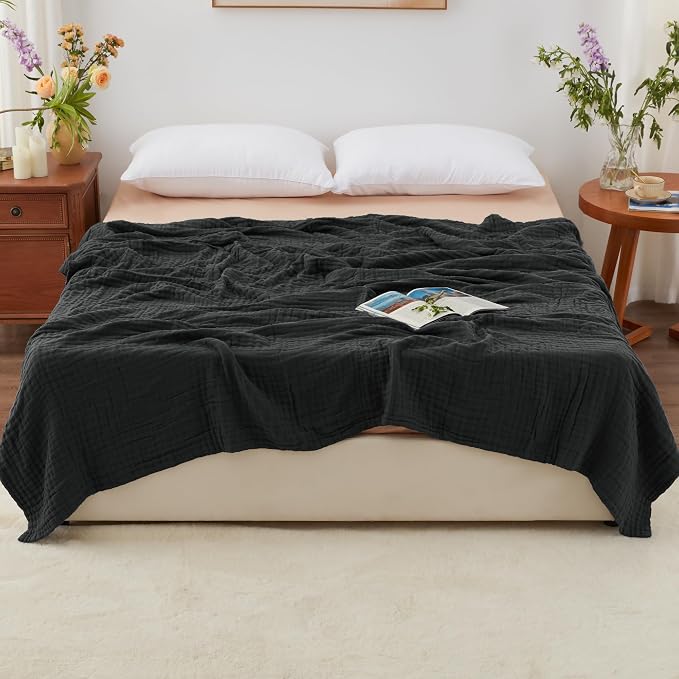 Love's cabin 100% Cotton Muslin Blanket, 6 Layer Lightweight Breathable Gauze King Size Blanket 108 x 90 Inches, Soft Summer Blanket for Bed, Black