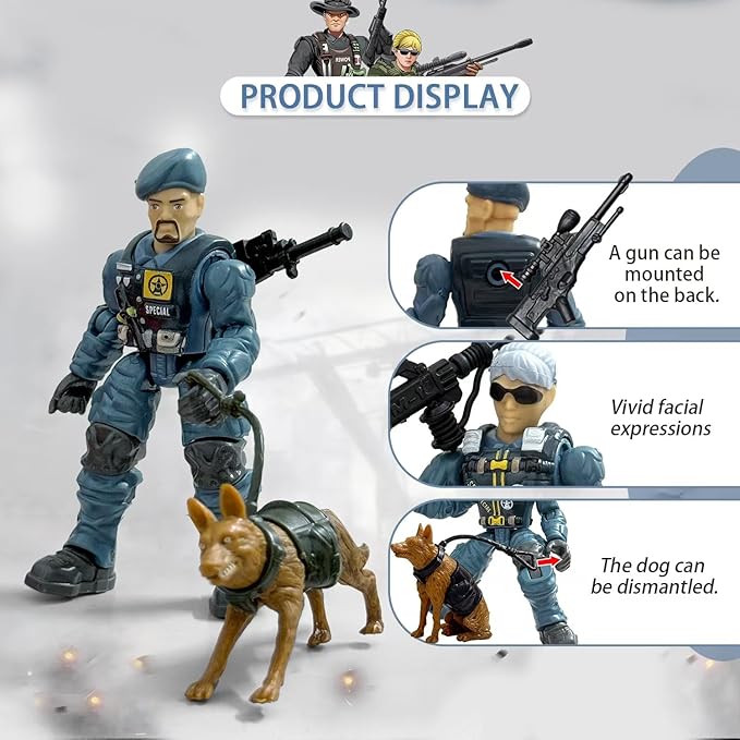 Army Men Action Figures, Toy Soldiers for Boys 6-8, Plastic Army Men Toys with 2 Dogs and 6 Weapons Birthday Gift for Kids Boys Military Collectors