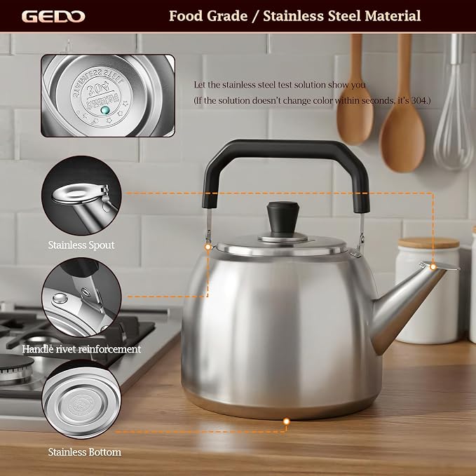 GEDO Stainless Steel Whistling Tea Kettle, 304 Food Grade, Large Capacity, Stovetop Kettle for Gas Stove and Induction Cooktop (6L/6.34QT)
