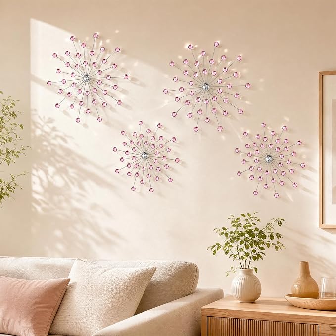 ZEXUIRU 4 Set Silver Starburst Wall Art for Home Decor Metal Bling Crystal Rhinestones Sunburst Wall Decor Sparkling Rhinestone Art Accent Silver - 13 in