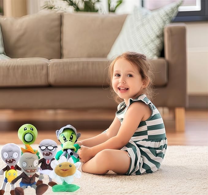 JHESAO 6 PCS Plants and Zombies Plush Sets Toy Peashooter, 1 2 Stuffed Soft Green Gatling Peashooter Doll Conehead Zombies, Nespaper Zombie PVZ Plush Figure Duck Zombie Doll New