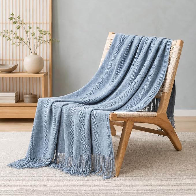 BATTILO HOME Light Blue Throw Blanket for Couch, 50"x60" | Soft Knit Throws with Tassels for Home Decor, Blue Grey Throw Blanket for Bed Sofa