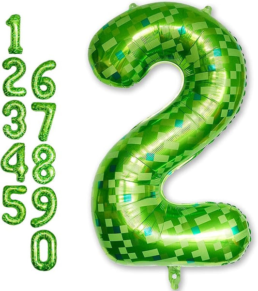 Number 2 Balloons 40 Inch, Gaint Cartoon Lime Green Pixel 2 Balloon Number for Boys 2nd Birthday Decorations, Dark Kelly Green Foil 2 Balloon for Kids Two Year Old Birthday Video Game Golf Party Decor