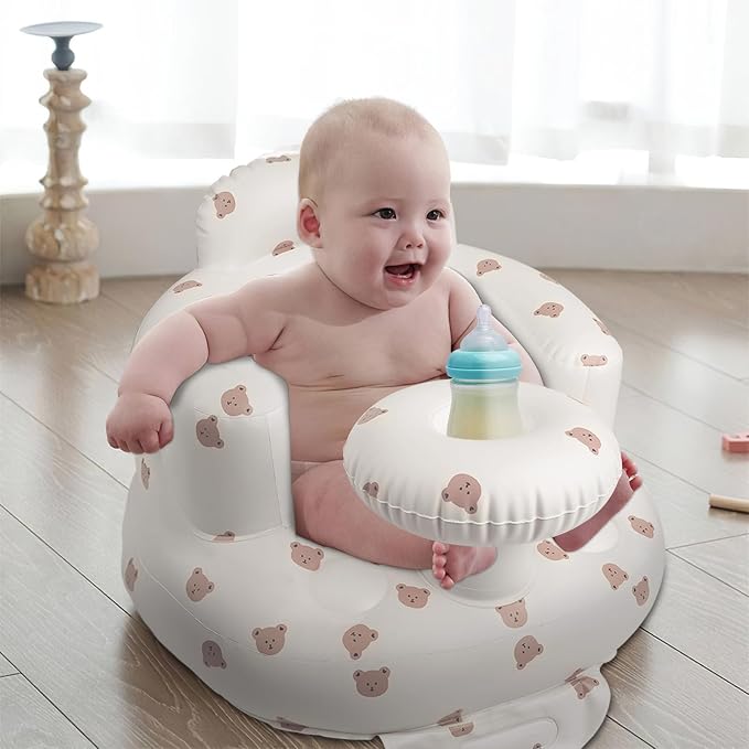 EKEPE Inflatable Baby Seat for Babies 3 Months & Up, Baby Floor Seats for Sitting Up, Baby Seats for Infants, Blow Up Baby Chair with Built in Air Pump - Beige - Bear with Tray