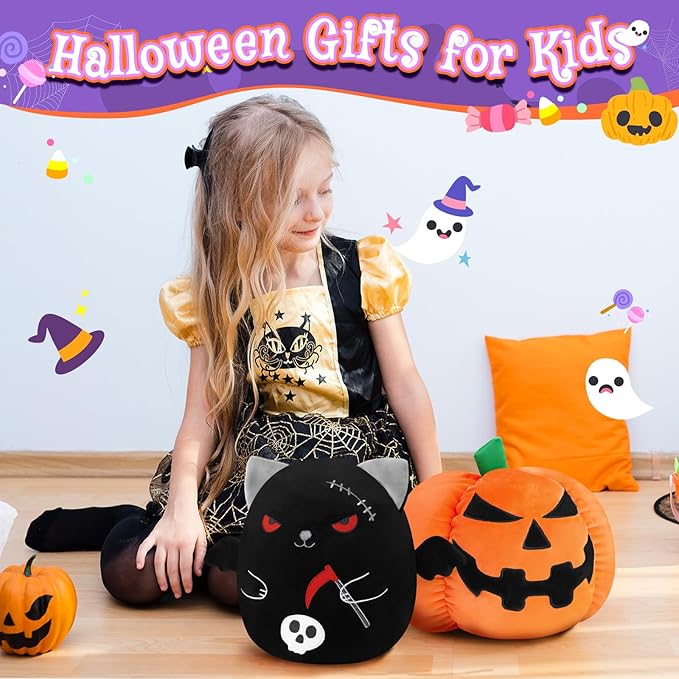Halloween Reversible Pumpkin Plush, Soft Black Cat Stuffed Animal with Bat Wings and Skull, Halloween Plush Gift Home Decor for Boys Girls 10 Inch