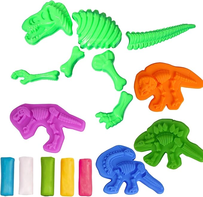 Unleash Creativity with 11 Unique Dinosaur Fossil Molds Dough Toys Dough Whit 5 Bright Color Dough.Ideal as a Gift for Kids Aged 3-4-8 Years