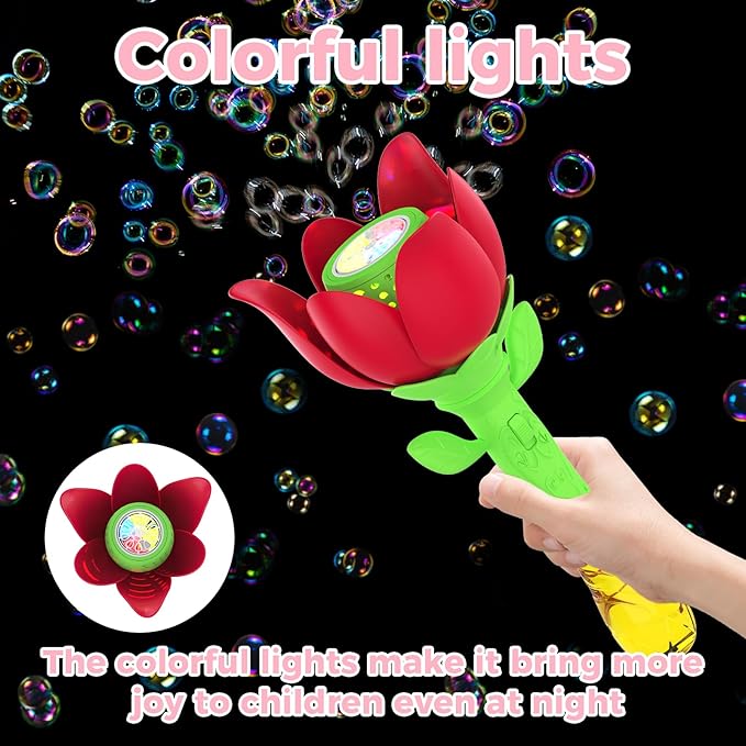 Bubble Wand Blower for Kids Handheld Lotus Bubble Wand Automatic Bubble Machine with Battery/Light/10000+Bubbles/Bubble Solution Bubble Toy for Girl Boys Party Weddings Outdoor Indoor (Red-3099)