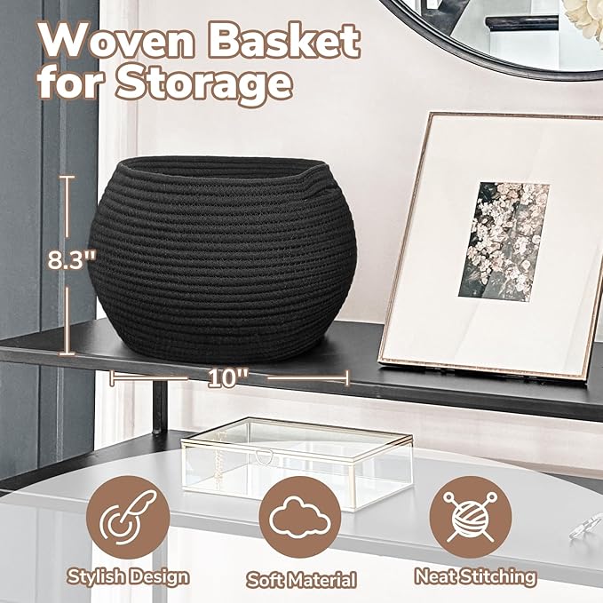 Goodpick Round Woven Storage Basket for Shelves, 12.5" x 8.3", Black | Small Rope Basket with Handles, Holds Blankets, Toys & Nursery Essentials, Decorative Basket for Living Room & Home Décor