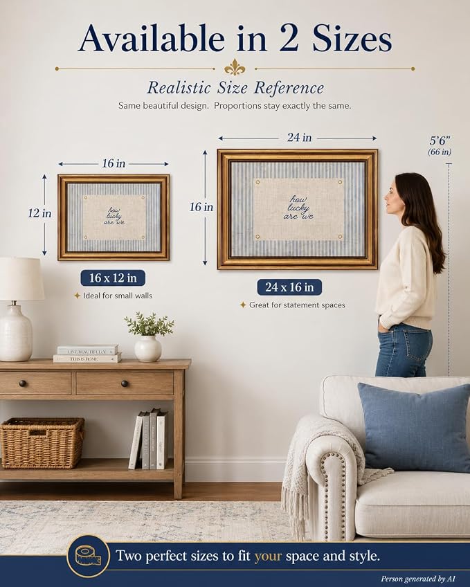 Vintage Gold Framed Wall Art, How Lucky Are We Quote Canvas, 12x16IN | Blue striped inspirational print with a rustic farmhouse look for bedrooms, living rooms, nurseries, dorms, or entryways.