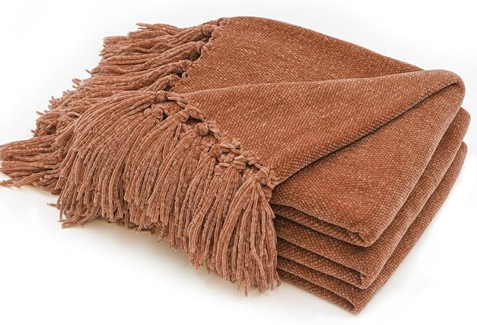RECYCO Throw Blanket Soft Cozy Chenille Throw Blanket with Fringe Tassel for Couch Sofa Chair Bed Living Room Gift (Rust, 50" x 60") | Super Soft Knit Throw Blanket with Fringe Tassels, Lightweight Knitted Throw, Cozy, Ideal for Sofa Chair Bed Living R...
