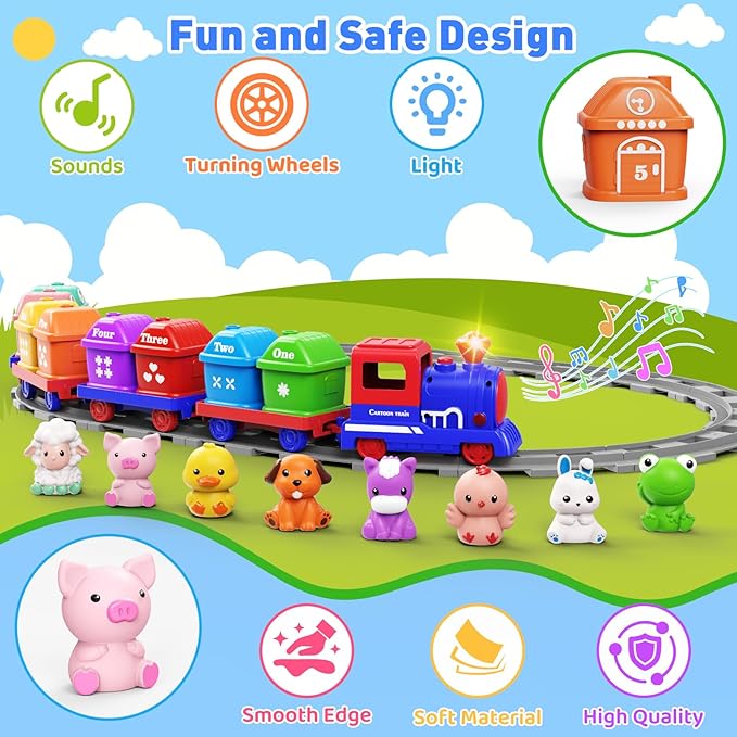 Learning Toys for Toddlers 1 2 3 Year Old,Electric Farm Train Set Toddler 2-4,Counting Matching & Sorting Montessori Train Toy with Farm Animals,Music,Light,Christmas Birthday Gift Baby Boy Girl(blue)