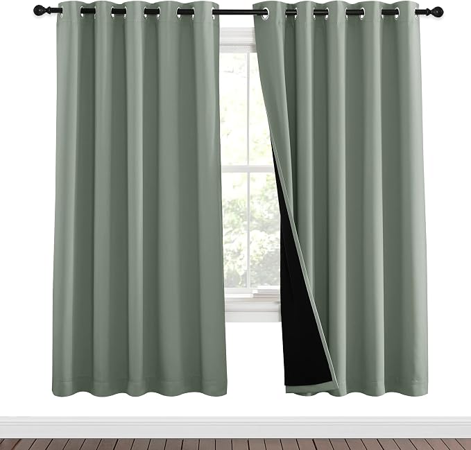 NICETOWN 100% Blackout Window Curtain Panels, Full Light Blocking Drapes with Black Liner for Nursery, 72-inch Drop Thermal Insulated Draperies (Greyish Green, 2 Pieces, 62-inch Wide Per Panel)