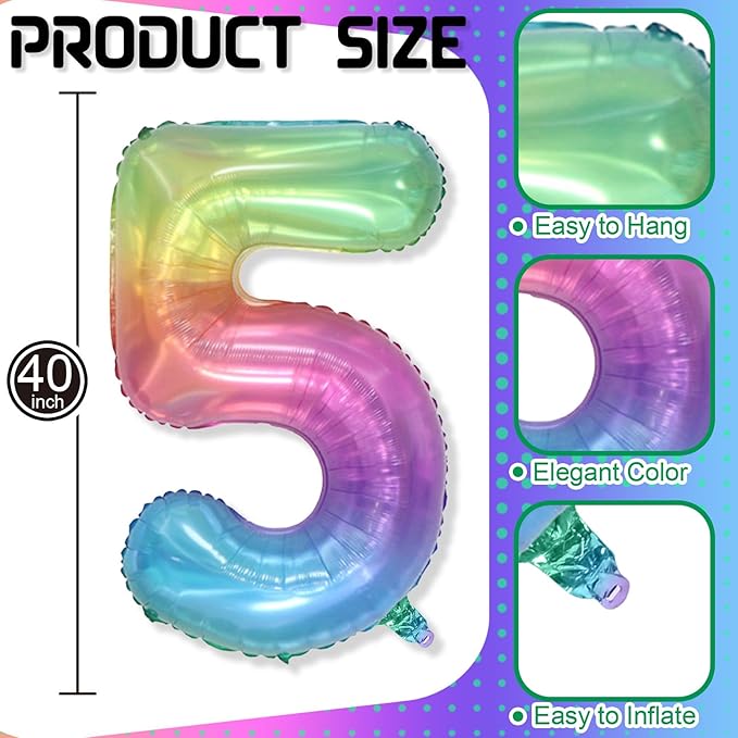 Big Number 5 Balloons, Rainbow Foil 5 Balloon Numbers 40 Inch, Giant 5th Birthday Party Decor, Mylar Helium Self Inflating Colorful Multicolor Jelly Balloon for Kids Birthday Anniversary Decorations