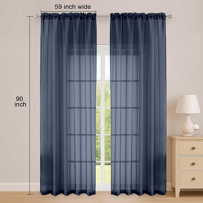 OWENIE Navy Blue Sheer Curtain 90 Inches Long 2 Panels Set, Solid Filmy Drapes for Living Room Bedroom, Elegant Window Voile Sheer Curtain Panels Drapes, 2 Pcs, Each 59" Wx90 L Inch