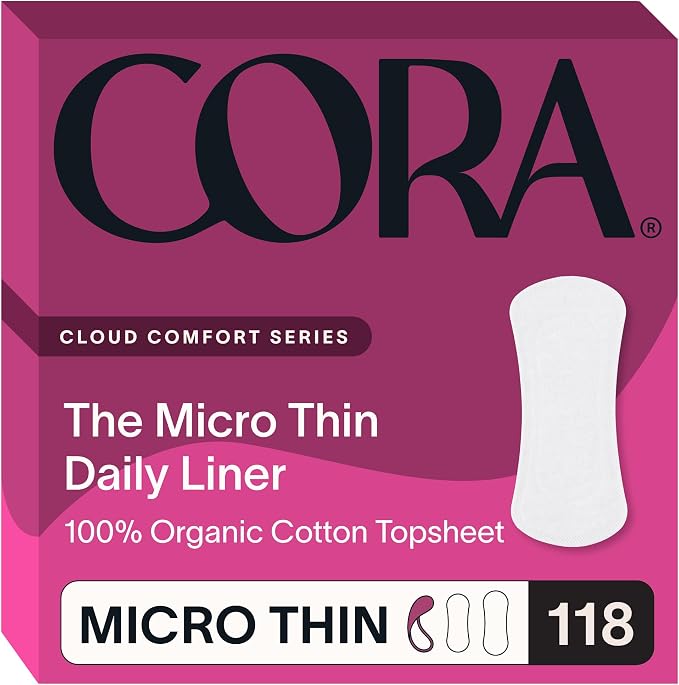 Cora Organic Cotton Feminine Care Bundle | 118 Micro Thin Daily Panty Liners and 36 Ultra Thin Regular Absorbency Period Pads with Wings | Unscented