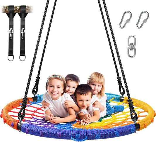 Trekassy 45" 750lbs Spider Web Tree Swing for Kids & Adults, Outdoor Steel Frame Saucer Net Swing with Swivel, Adjustable Ropes + 2 Tree Hanging Straps - Rainbow (Patented)