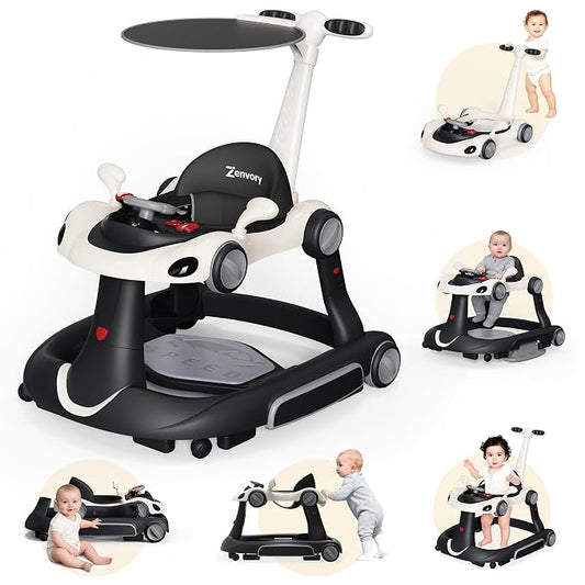 6 in 1 Foldable Baby Walker, Activity Baby Walker-Baby Bouncer, Rocker, Activity Center,Push Walker,Detachable Trampoline Mat, Adjustable Speed Rear Wheels and Height,Music & Lights,Ages 6-18 Months