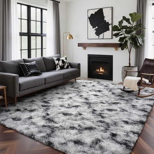 7x10 Ft Extra Large Shag Rugs for Living Room, Tie Dyed Ultra Soft Fluffy Furry Area Rugs for Bedroom Indoor Floor, Aesthetic Carpet for Kids Home Decor Black White