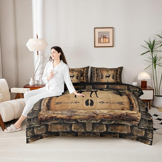 Feelyou Rustic Cabin Deer 7 Piece Bedding Set Full Size Kids Camo Hunting Deer Comforter Set with Sheets for Boys Girls Farmhouse Forest Animal Bed in a Bag Wildlife Room Decor