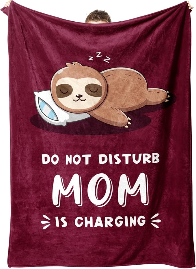 Leebbsin Funny Gifts for Mom, Birthday Gifts for Mom from Daughter Son | Mom is Charging Sloth Blanket, 60" x 80", Burgundy, Mom Gift for Christmas Mothers Day, Soft Sloth Throws Blanket for Mother