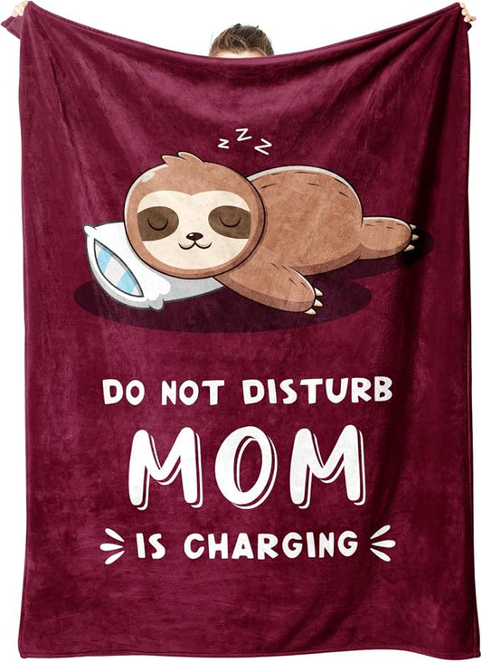 Leebbsin Funny Gifts for Mom, Birthday Gifts for Mom from Daughter Son | Mom is Charging Sloth Blanket, 60" x 80", Burgundy, Mom Gift for Christmas Mothers Day, Soft Sloth Throws Blanket for Mother