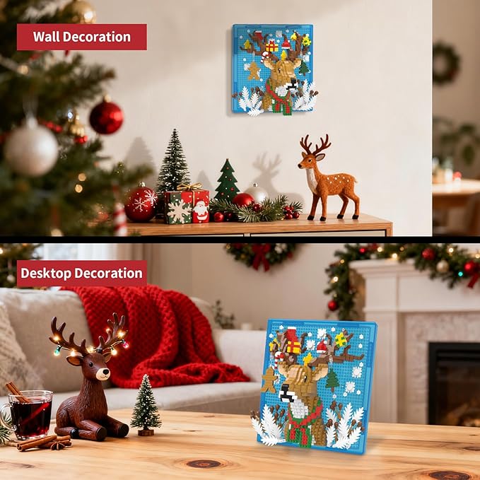Christmas Reindeer Animal 3D Wall Art Micro Mini Building Blocks Set, Unique 2025 Christmas Home Decor, No Compatible with Lego, Ideal Christmas Holiday Toy Gift for Adults Boys Girls (1005 PCS)
