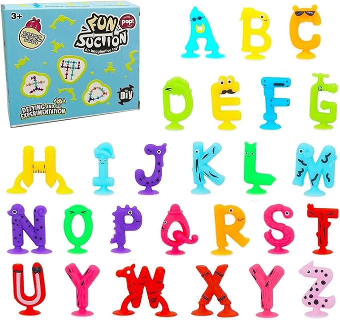 Suction Letters Bath Toys with Storage, 26 PCS Bath Toys for Kids Ages 4-8, Sensory, Window and Travel Toy, Montessori Gift for 3 4 5 6 7 Years Old Boys Girls (Letters)