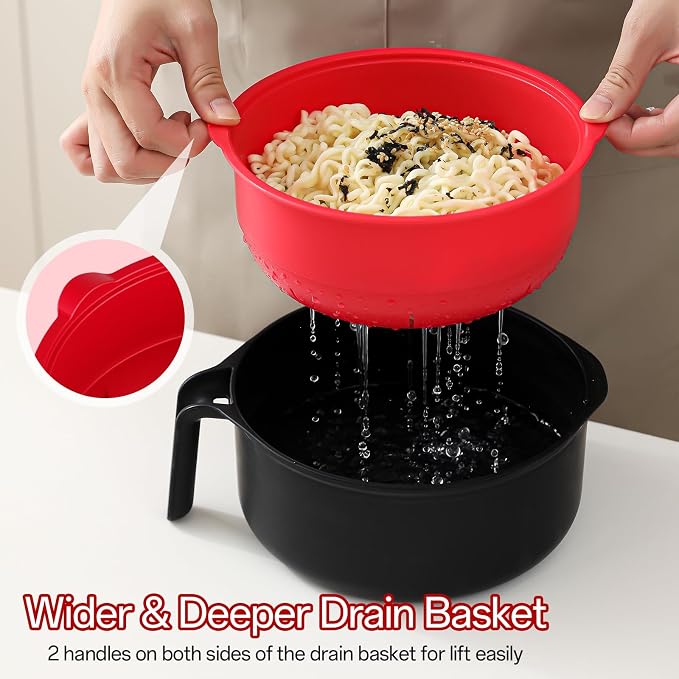 MEACOLIA Jumbo 50 oz Microwave Ramen Cooker Bowl | with Lid & Drain Strainer, Spill-Free, Rapid Noodle Pasta Cooker, College Dorm Essentials for Girls Guys, Apartment Friendly