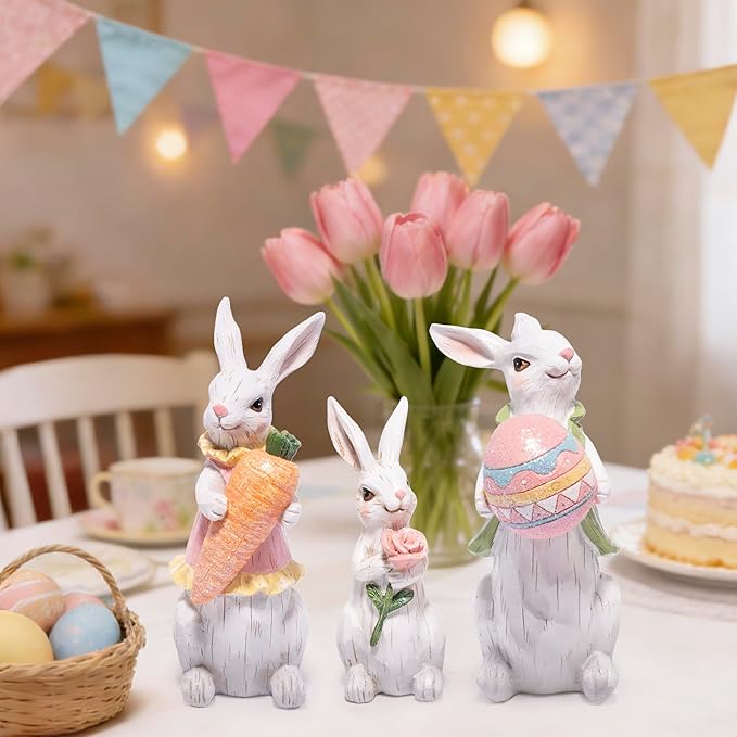 Hodao Easter Bunny Family Figurines, Hand-Painted Resin Rabbit Decor Set with Carrot, Flower & Easter Egg, Rustic Farmhouse Spring Tabletop Decorations, Cute for Home, Shelf, Mantel