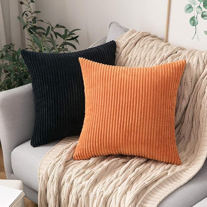 MIULEE Decorative Corduroy Throw Pillow Covers Set of 2 18x18 Black | Soft Striped Textured Cushion Cases, Boho Modern Square Pillowcases for Home Decor, for Couch Chair Sofa Bed Living Room