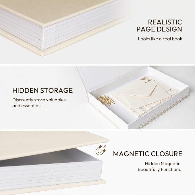 MAOBUYOU Decorative Storage Books Set of 2, Linen Cover, Gold Letters, Beige and Dark gray