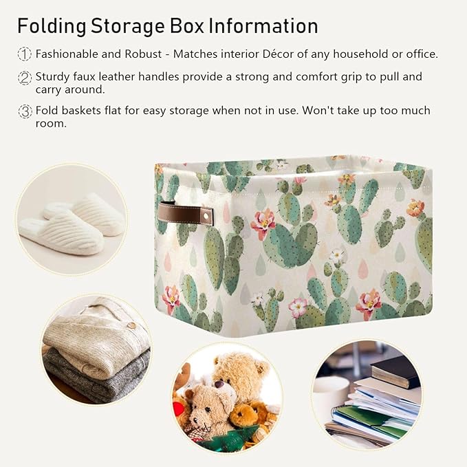 Aslsiy Storage Basket Cute Cactus Print Pattern Nursery Bins Baby Box Canvas Clothes Shelf Basket Laundry Hamper Gift Baskets for Home Closet 1 Pcs