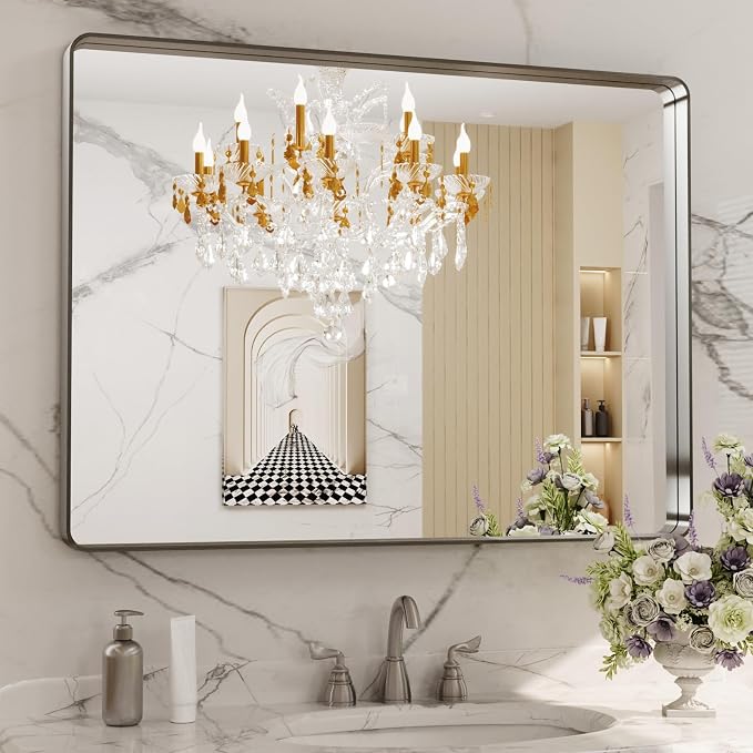 LOAAO 40X30 Inch Brushed Nickel Bathroom Mirror | Rounded Rectangle, Silver Metal Frame, Anti-Rust, Tempered Glass, Hangs Horizontally or Vertically