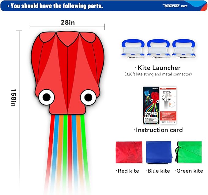 SGftre 3 Piece Set Octopus Kites for Kids and Adults，Easy to Fly for Outdoor Adults Children Line Kite for Kids Toy (Octopus red Blue Green 3-piece Set, 3)