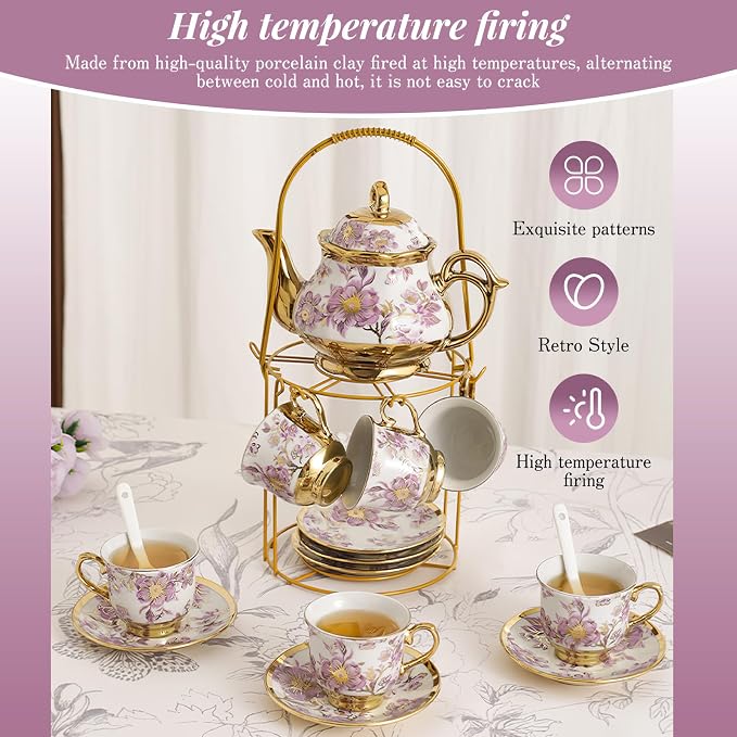 20 Pcs Porcelain Tea Set With Metal Holder,European Ceramic Tea Set for 6,Beautiful Tea Cup Gift Sets for Home&Party (Purple)