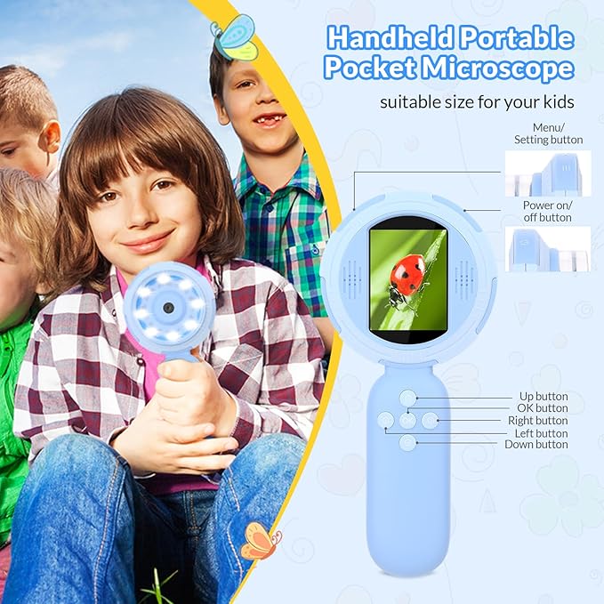 Mafiti Microscope for Kids Mini Pocket Handheld Kids Microscope Educational Science Kit Toys Xmas/Birthday Gifts for Aged 3-12 Girls Boys,Blue