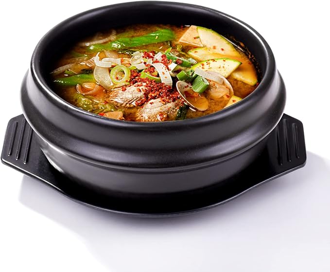 Korean Stone Bowl with Tray - Premium Ceramic Stone Hot Pot for Bibimbap Soup, Stews, and Rice - 37.1 oz Capacity - Dishwasher, Microwave, Oven, and Stovetop Safe
