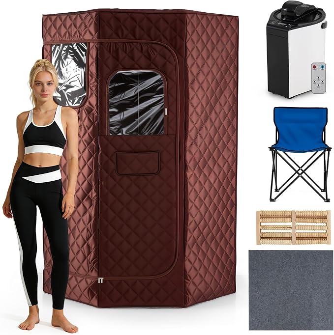 Giantex 3L Portable Steam Sauna, Fast-Heat Large Pentagon Sauna Box for Home, 9-Level Remote Control, 99-Min Timer, Folding Chair, Foot Roller, Mat, 35.5" x 35.5" x 71" Sauna Tent (Brown)