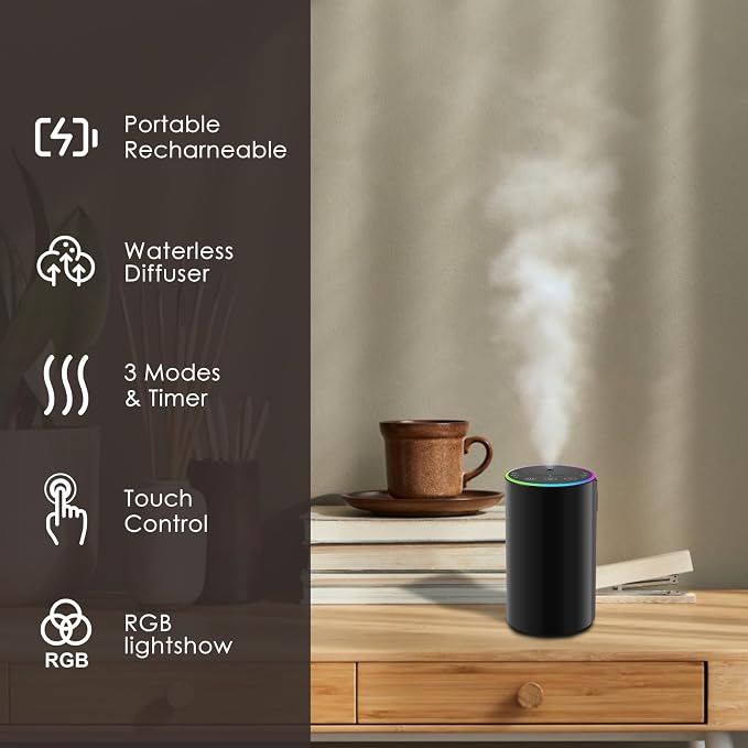 Waterless Diffuser Kit with 4 x 20mL Hotel Fragrance Oil,Aluminum Alloy | 7-color ambient light, battery powered Nebulizer, portable, suitable for cars, homes, offices, and rooms.