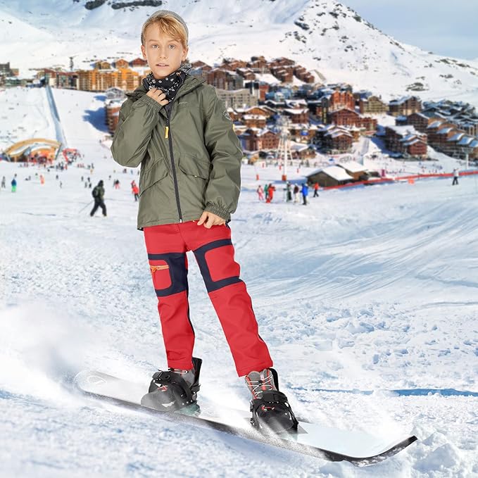 linlon Kids Boy's Snow Waterproof Pants Youth Fleece Lind Hiking Softshell Warm Insulated Trousers