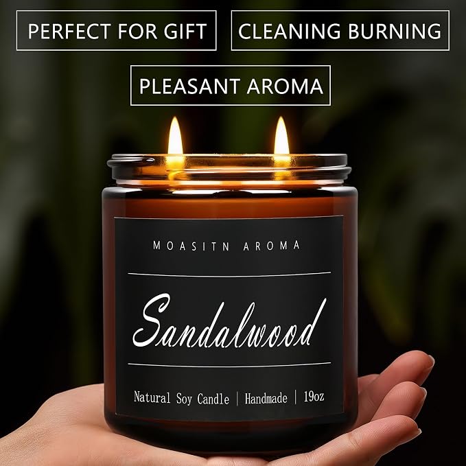 MOASITN Sandalwood Large Heavenly Scented Candles for Home|19oz 100h Long Lasting Clean Burn|Natural Soy Aromatherapy Candle|2 Wick Jar Candle for Women,Men as Relaxing,Birthday,Housewarming Gifts