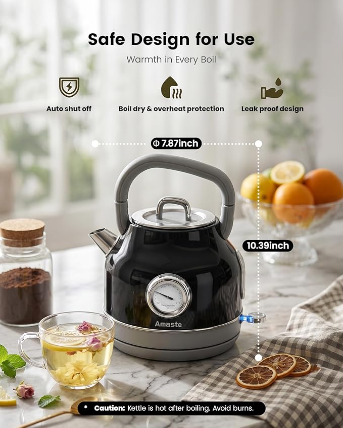 Amaste Electric Kettle, Retro Electric Tea Kettle With Thermometer, 57 Oz Hot Water Kettle For Coffee & Tea, 304 Stainless Steel, 1500w Fast Boiling, Auto Shut-Off & Boil Dry Protection, Black