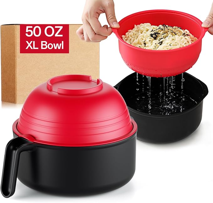 MEACOLIA Jumbo 50 oz Microwave Ramen Cooker Bowl | with Lid & Drain Strainer, Spill-Free, Rapid Noodle Pasta Cooker, College Dorm Essentials for Girls Guys, Apartment Friendly