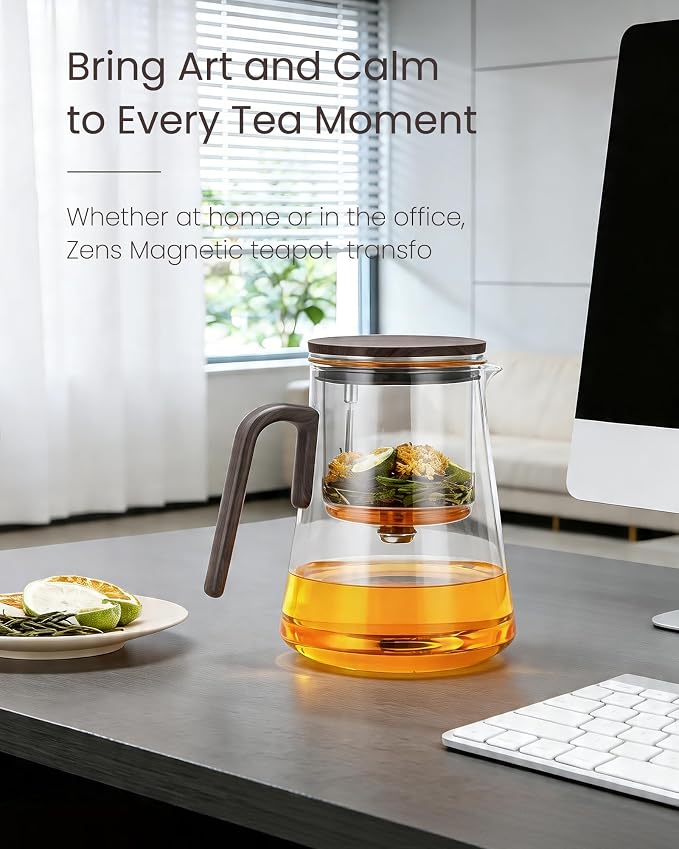 ZENS Magnetic Tea Pot, Large Enchanted Glass Teapot with Infuser and Magnetic Suction Lid for Mess-Free Loose Tea Diffusers, Black Walnut Pattern Handle, Tea Lovers Gifts