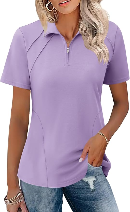 LOMON Womens Golf Polo Shirt Summer Short Sleeve Quarter Zip Outfit | Side-Pockets,Princess Seams,Cotton,Wrinkle Free,Moisture Wicking,Quick-Dry,Lightweight,Collared,for Tennis Workout