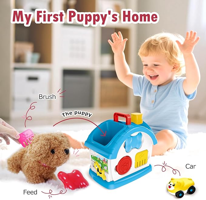 Interactive Toys for 1 2 3 Year Old Boy Gifts, Baby Musical Toy House with Stuffed Puppy, Car, Learning Educational Toy for Toddler 1-3, Christmas Birthday Gifts for 1 Year Old Boy (Blue)