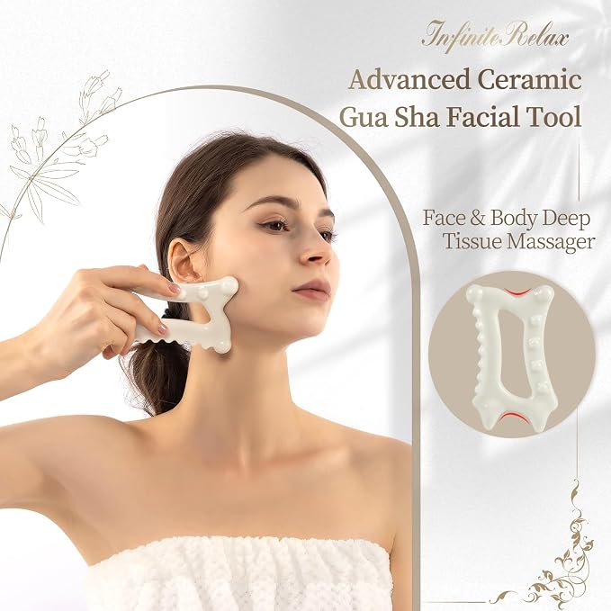 Ceramic Body Gua Sha Tools, Premium guasha Tool for face, Korean 괄사 Gua Sha Facial Tools, Lymphatic Drainage Tools Gifts for Mother Women Men(Dual Row Style)