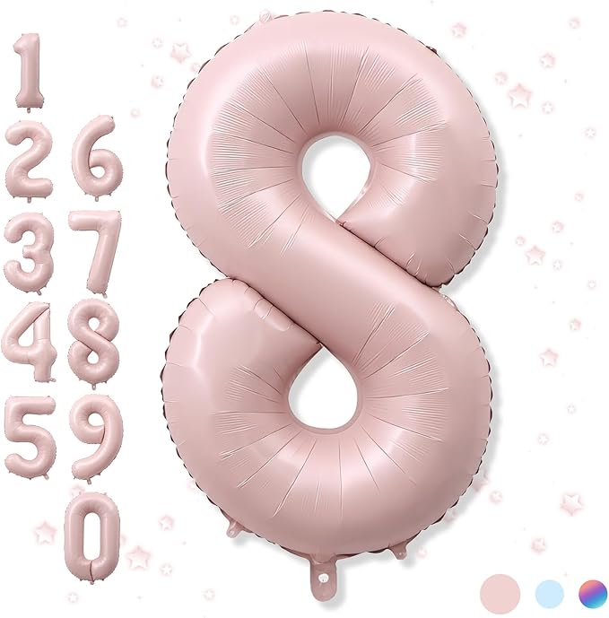 Foil 8 Balloon, Dusty Light Pink Big Number 8 Balloons for Girls Birthday Party Decor, 40'' Mylar Self Inflating Number 8 Pastel Blush Baby Pink Balloon for 8th Birthday Party Anniversary Decorations