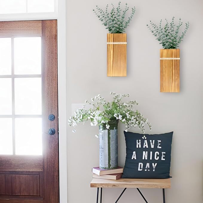 Wall Planters for Indoor Plants-2 Pack Wood Wall Vases for Dried Flowers & Artificial Plants Modern Farmhouse Wooden Vase for Living Room Bedroom Kitchen Decorations - Brown Large