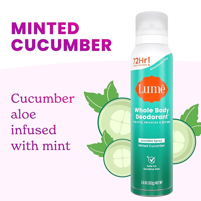 Lume Invisible Spray Deodorant For Women - Whole Body Deodorant Spray - 72Hr Odor Control - Ozone Friendly - Aluminum Free & Baking Soda Free - Skin Loving, Low Irritation - 1pk (Minted Cucumber)